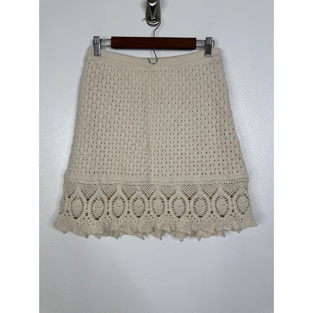 Athleta Cream Crochet Mini Skirt Cotton Knit Scalloped Hem Boho Off White 757611
